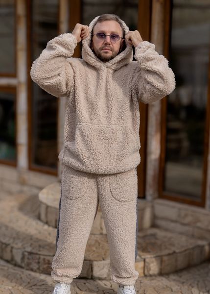 Чоловічий костюм Тедді з полосками бежевий S-M, худі + штани. A20033032 фото
